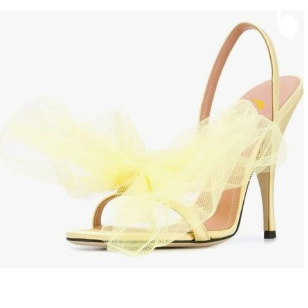 FSJ Yellow Large Floral Mesh Bow Open Toe Heels Stiletto Slingback Sandals